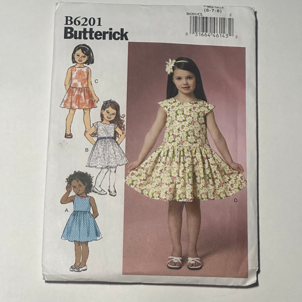 Butterick B6201 UNCUT Childrens Girls Dress Sewing Pattern Size 6-7-8 Multicolor